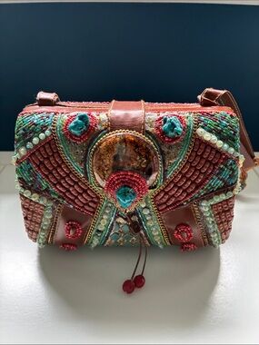 Rare Mary Frances Coral, Turquoise & Brown Beaded Embellished clutch purse